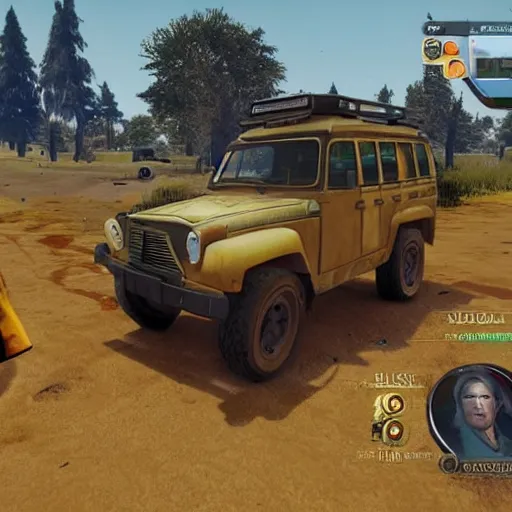 Prompt: invoker from dota 2 driving uaz in playerunknown battlegrounds