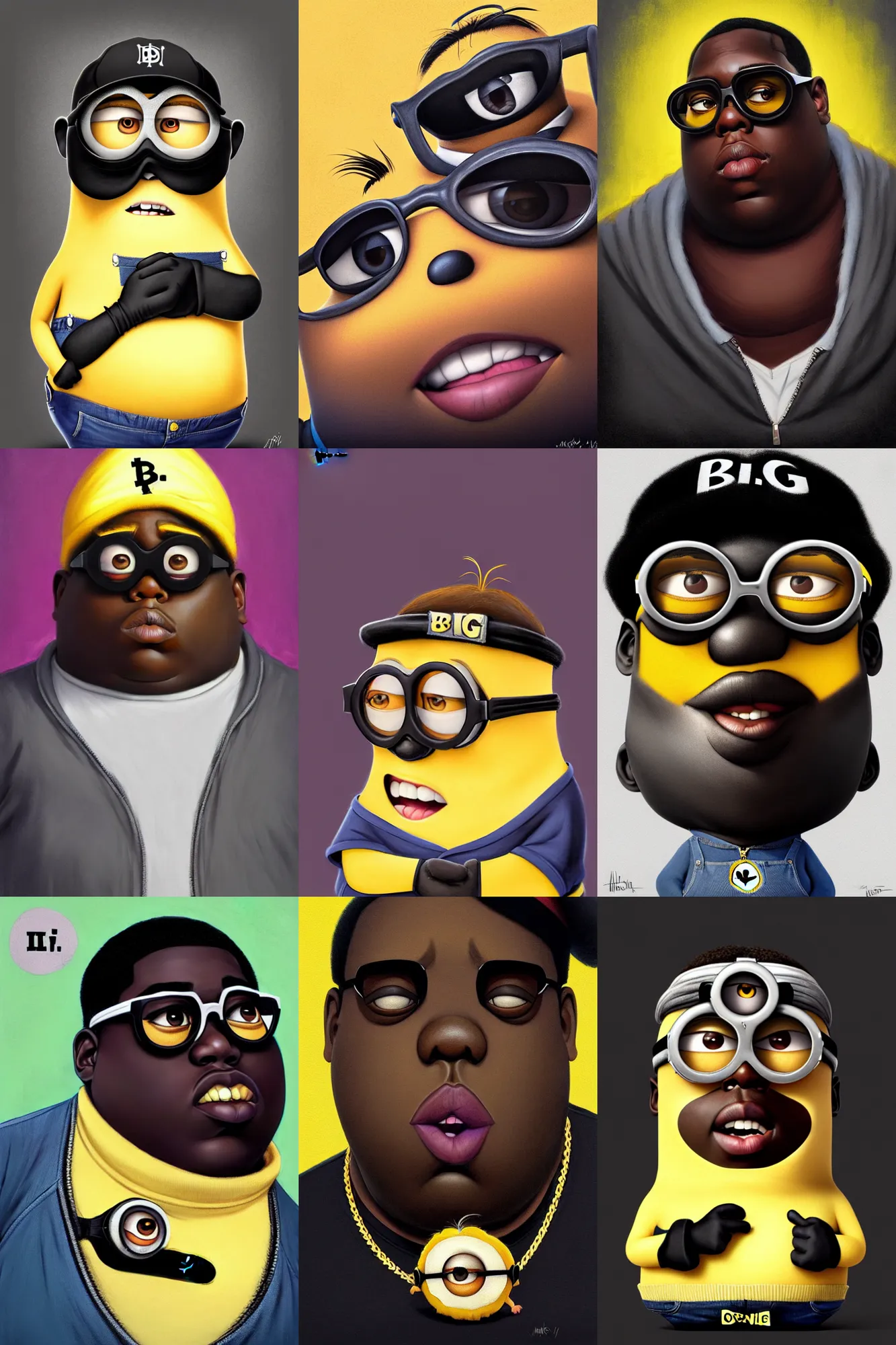 Prompt: the notorious b. i. g. as a minion from despicable me, animation pixar style, shaded lighting poster by magali villeneuve, artgerm, jeremy lipkin and michael garmash, rob rey and kentaro miura style, trending on art station