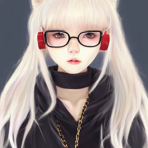 Prompt: realistic beautiful gorgeous natural cute Blackpink Lalisa Manoban white hair cute fur white cat ears, wearing virgin killer sweaters elegant outfit, wearing headphones. wearing black leather choker, wearing glack glasses, golden eyes artwork drawn full HD 4K highest quality in artstyle by professional artists WLOP, Taejune Kim, Guweiz, ArtGerm on Artstation Pixiv