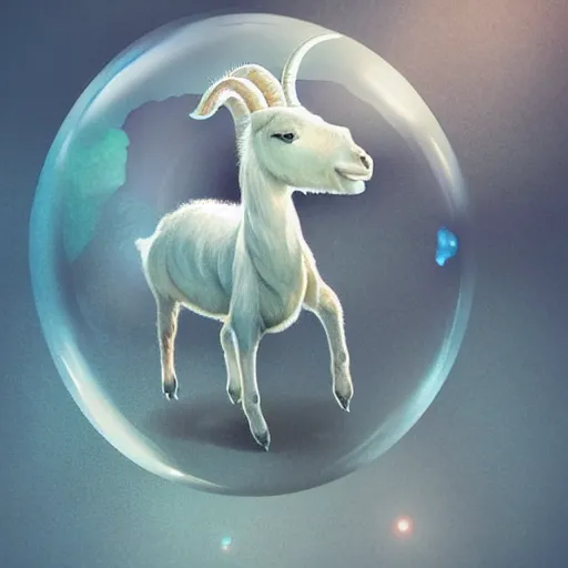 Prompt: a goat travelling on a bubble that looks like a unicorns back, mystical fantasy, concept art