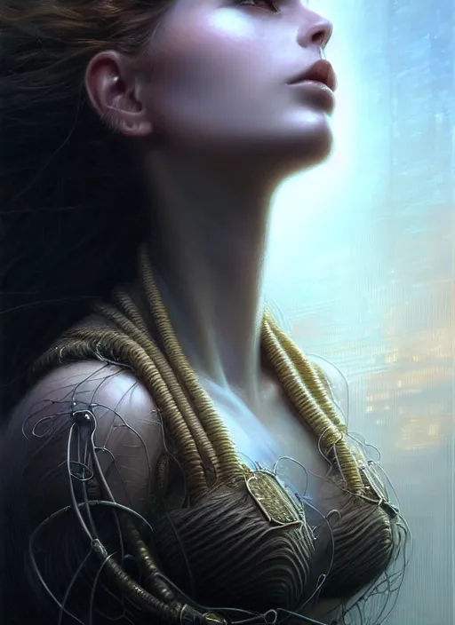 Image similar to closeup portrait shot of beautiful girl in a scenic dystopian environment, intricate, elegant, highly detailed, tubes and cables, centered, digital painting, artstation, concept art, smooth, sharp focus, illustration, artgerm, tomasz alen kopera, peter mohrbacher, donato giancola, joseph christian leyendecker, wlop, boris vallejo