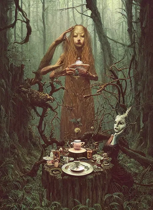 Image similar to witch having tea at a shrine in the woods gorgeous lighting, lush forest foliage a hyper realistic painting by chiara bautista and beksinski and norman rockwell and greg rutkowski weta studio, and lucasfilm