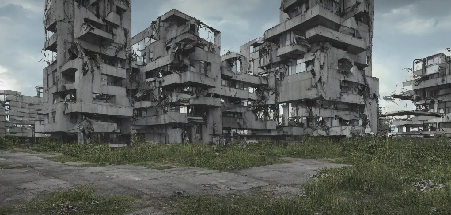 Prompt: a street view of brutalist architecture by Le Corbusier, abandoned derelict buildings, damaged structures, empty streetscapes, surrounded by lush green vegetation, volumetric lighting, sunset, rusted steel, solid concrete, glass, stunning skies, scattered rubbish and debris, 8k, photorealistic, hyper detailed, unreal engine 5, IMAX quality, cinematic, epic lighting, digital painting in the style of DOOM and Quake, by Greg Rutkowski, trending on Artstation