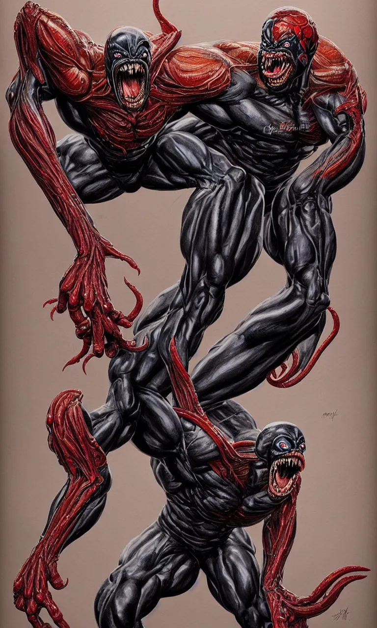 Image similar to legs and feets study of hyper realist full body long shot portrait of bodybuilder venom from marvel comics!!!!, large mouth with teeth, large tongue, lovecraftian horror!!, fantasy, intricate, elegant, highly detailed, digital painting, artstation, concept art, matte, sharp focus, illustration, art by glenn fabry and giger