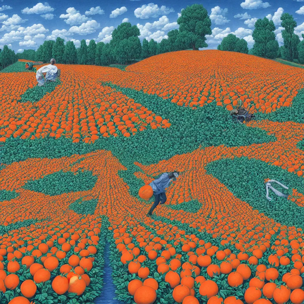 Image similar to a orange strawberry field seen by far in a car riding by, by Rob Gonsalves