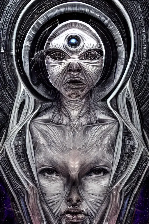 Prompt: the eye of the universe, illuminati as a person in the style of h. r. giger, goddess warrior, visionary art, cinematic lighting, realism, sharp details, cinematic, highly detailed, high quality print, fine art with subtle redshift rendering