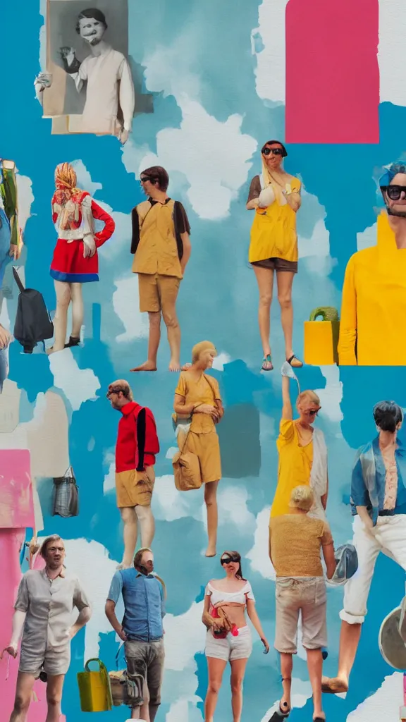 Image similar to a row of european tourists standing with a variety of poses and props, a collage painting, in the style of wes anderson, lola dupre, david hockney, isolated on negative white space background dark monochrome neon spraypaint accents volumetric octane render