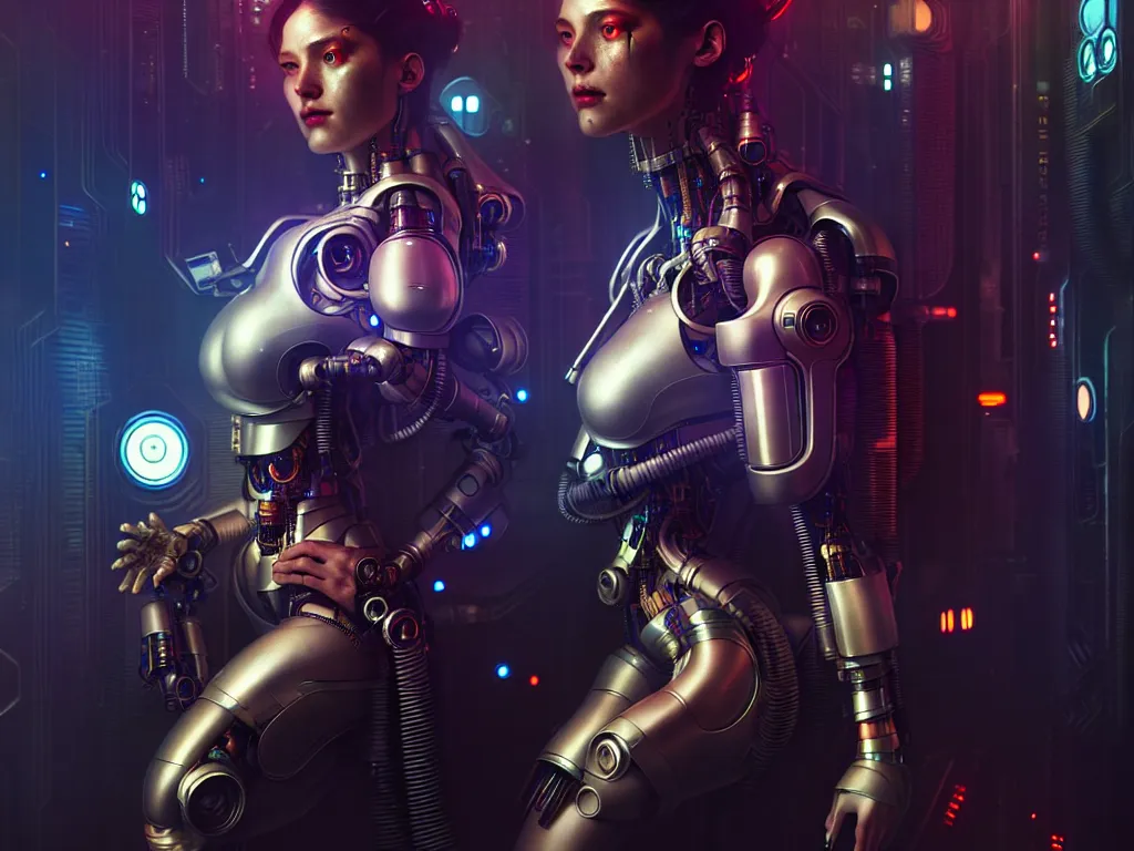 Image similar to ultra realistic, beautiful female cyborg in a crowded smoky cyberpunk club in space megalopolis, sci-fi, intricate details, eerie, highly detailed, octane render, 8k, art by artgerm and alphonse mucha and greg rutkowski