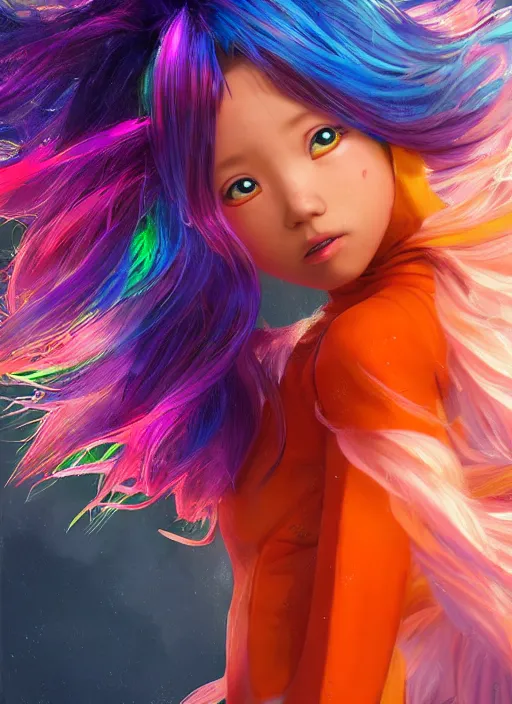 Prompt: teenage rainbow hair asian girl wearing an orange superhero costume, anime digital art, au naturel, hyper detailed, digital art, trending in artstation, cinematic lighting, studio quality, smooth render, unreal engine 5 rendered, octane rendered, art style by klimt and nixeu and ian sprigger and wlop and krenz cushart