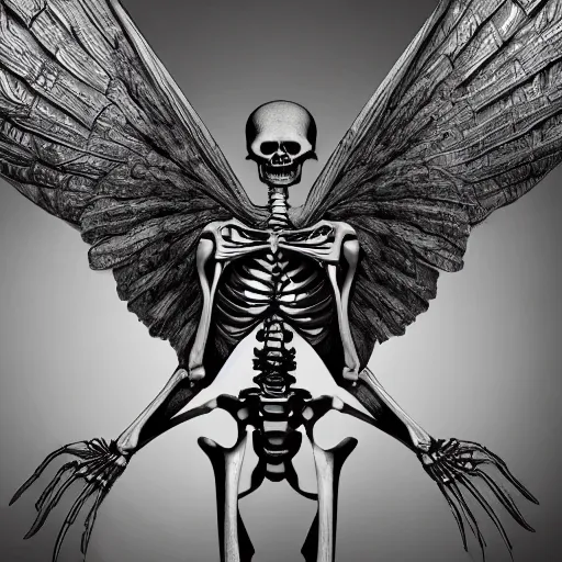 Image similar to a male skeleton with wings, illustration style, symbolic, cinematic, dark and moody scene, super detailed and intricate, elegant, hyper - realistic