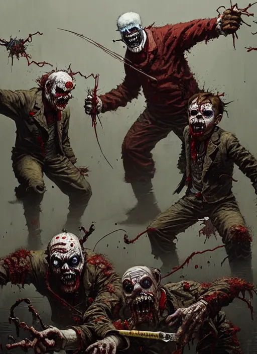 Prompt: masterpiece concept art, evil creepy clowns fighting zombies, by greg rutkowski and geof darrow, 8 k, intricate detail, cinematic lighting