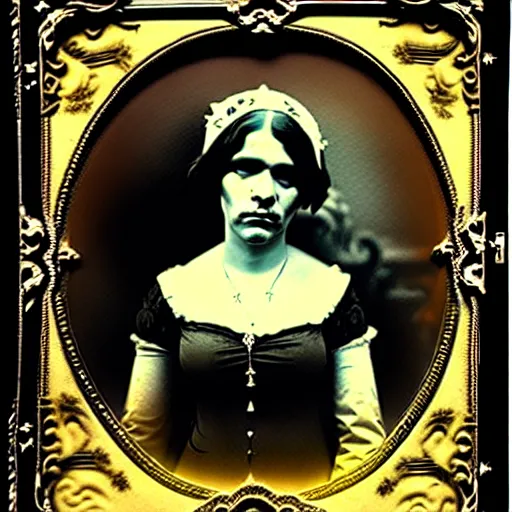 Prompt: daugerreotype of cthulhu high priestess. ambrotype of occult priestess. tintype of a beautiful woman. priestess of dagon. cursed priestess. daugerreotype. baroque frame