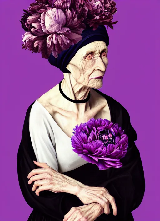 Prompt: portrait of a old year woman with a headscarf a dress of bones and many peonies snake smoke, purple colour scheme, full length, masterpiece, dark background, art by caravaggio, artstation