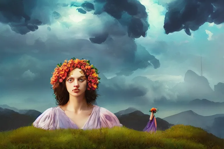 Image similar to giant dahlia flower crown under head, bust girl on mountain, surreal photography, blue storm clouds, dramatic light, impressionist painting, digital painting, artstation, simon stalenhag