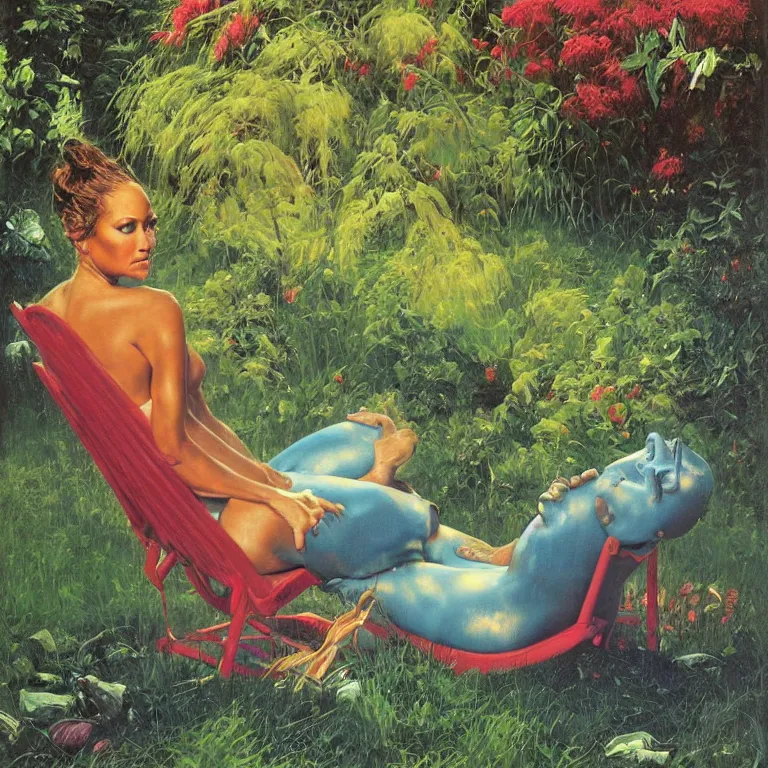 Prompt: Hyperrealistic intensely colored studio Photograph portrait of a deep sea bioluminescent Jennifer Lopez sitting in a lawn chair in her back yard, award-winning portrait oil painting by Norman Rockwell and Zdzisław Beksiński vivid colors high contrast hyperrealism 8k