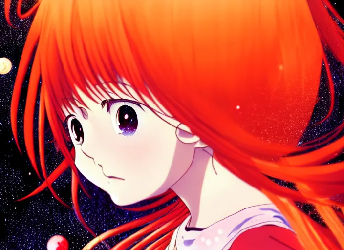 Image similar to anime portrait of a young girl floating inside a nebula, outlined,masakazu katsura, tsuruta kenji, murata range,kawaii, kyoto animation, manga, intricate, detailed, studio lighting, orange red black white, gradation,editorial illustration, matte print, Ilya Kuvshinov