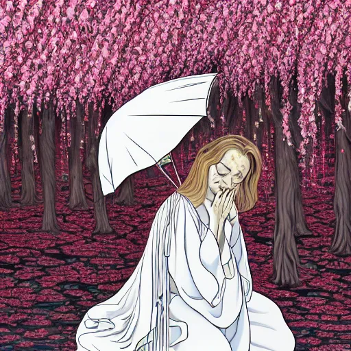 Image similar to a crying woman in a white gown kneeling at a beautiful shrine under a cherry blossom tree, rainy wet, ultradetailed, hd 8 k, illustration, aaron horkey