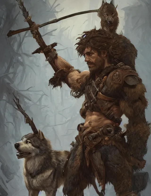 Image similar to portrait of a gruff ranger holding a spear, accompanied by a wolf dog, muscular, upper body, hairy body, D&D, fantasy, intricate, elegant, highly detailed, digital painting, artstation, concept art, matte, sharp focus, illustration, art by Artgerm and Greg Rutkowski and Alphonse Mucha