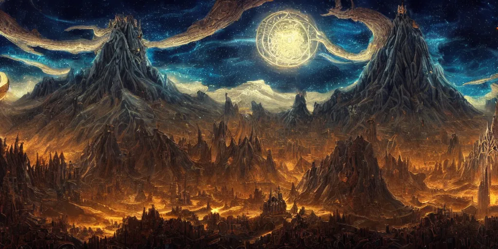 Image similar to an digital painting of the ancient city surrounded by magic guardians, collosal sculpture of faceless god in the middle, lovecraft style, intricate details, detailed sky, starry night, artstation, epic scenery, colourful sky, cinematic, by marco bucci and vasnetsov