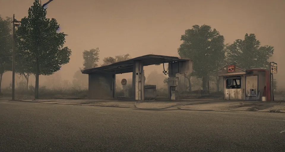 Image similar to Old abandoned gas stations on the side of the road to nowhere, evil, demonic, enchanting, misty, haze, cloudy, angelic, flowers, nature, environment concept, cinematic, cgsociety, dim and dark lighting, cinematic, intricate details, 8k detail post processing, hyperealistic, photo realism, by Edward Hopper