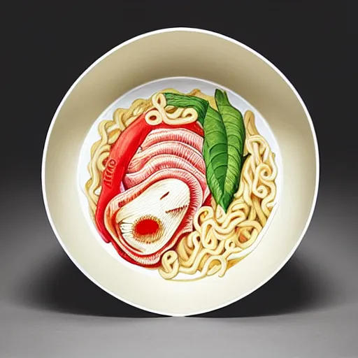 Prompt: anatomical diagram of instant noodle cup, by maria sibylla merian, styrofoam instant ramen cup, maruchan