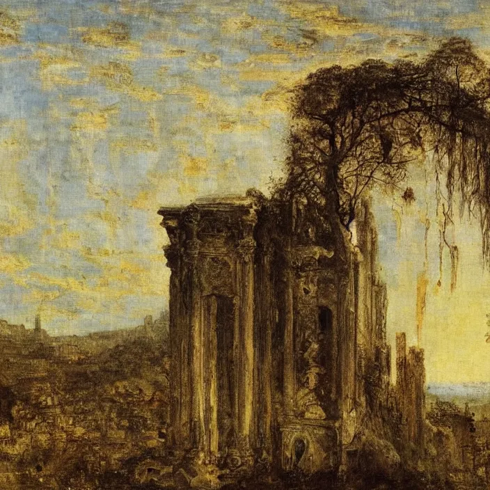 Image similar to a building in a landscape, by gustave moreau