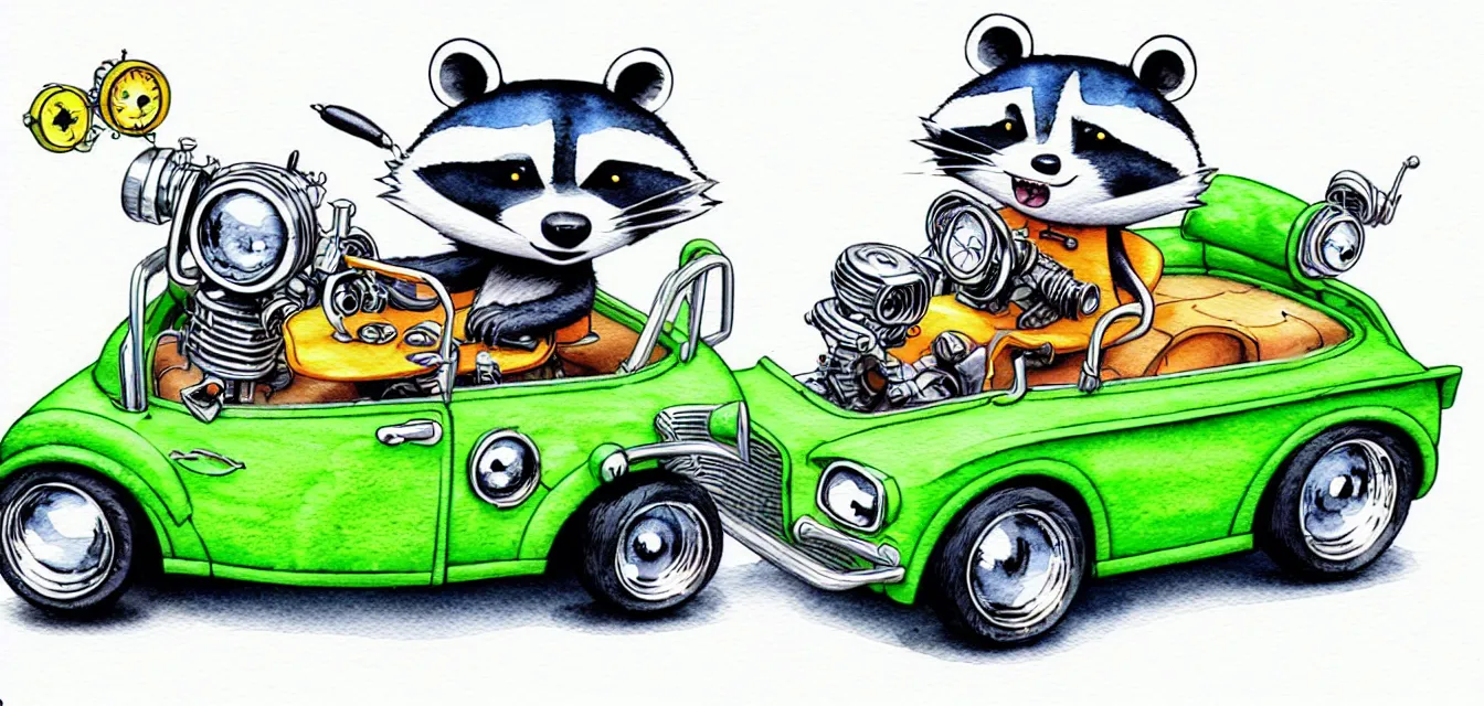 Image similar to cute and funny, racoon riding in a tiny hot rod with oversized engine, ratfink style by ed roth, centered award winning watercolor pen illustration, isometric illustration by chihiro iwasaki, edited by range murata, tiny details by artgerm and watercolor girl, symmetrically isometrically centered