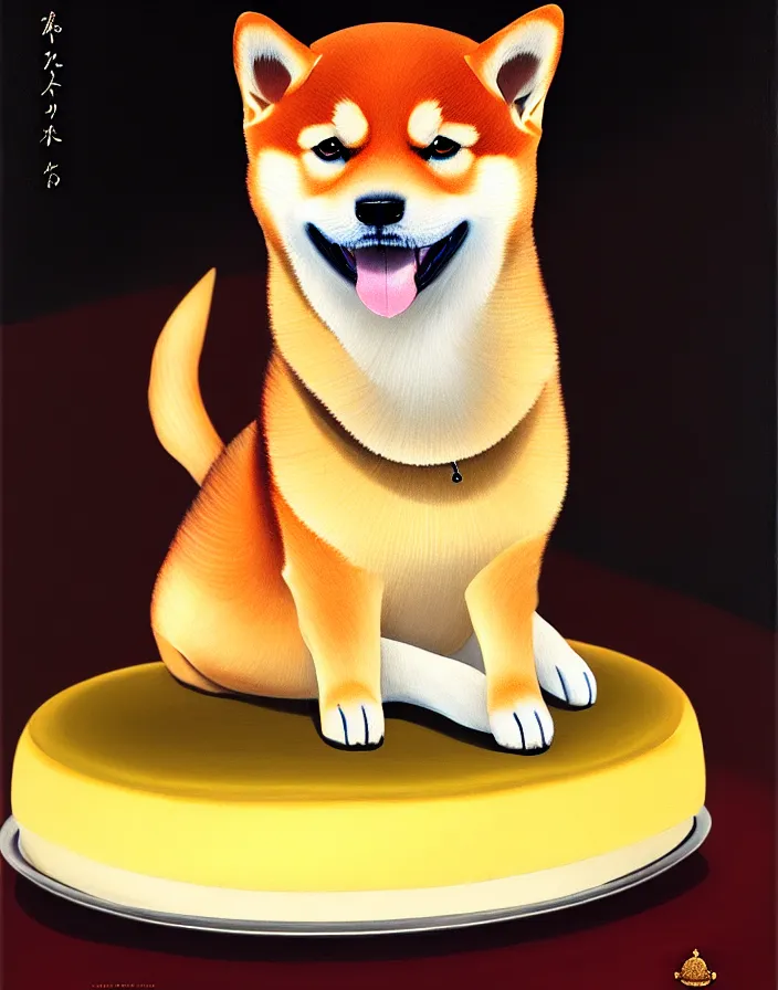 Image similar to a royal portrait of a shiba inu as a japanese cheesecake, oil on canvas, highly detailed, cinematic lighting, pretty