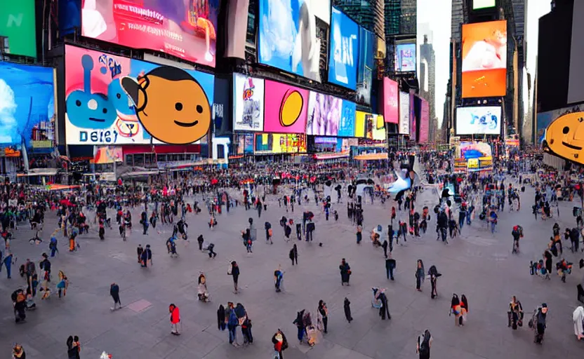 Image similar to 2d sad depressed emojis stock photo in Times Square, photograph