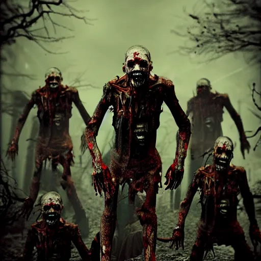 Prompt: creepy nightmare fuel zombie horde apocalypse, cinematic, cinematography, still, incredible detail, photorealistic, epic, horror, scary, render, living dead, ghouls, monsters, vfx, cgi, render, cover art