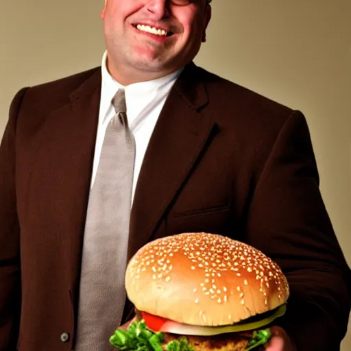 Prompt: clean - shaven smiling white chubby italian american man in his 4 0 s wearing a brown long overcoat and necktie holding a giant burger, 2 0 0 0 avertising promo shot