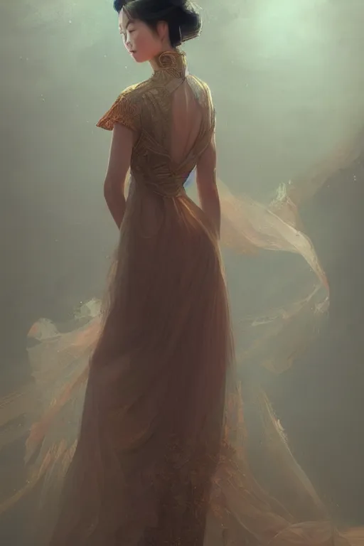 Image similar to chinese princess in a long silk dress, from backside, up shot, highly detailed art, cinematic atmosphere, volumetric lighting, glow, trending on artstation, by wlop, by le vuong, by tom bagshaw