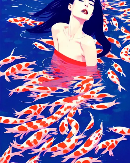 Image similar to a ultradetailed beautiful panting of a stylish woman surrounded by floating koi fish, by conrad roset, greg rutkowski and makoto shinkai, trending on artstation