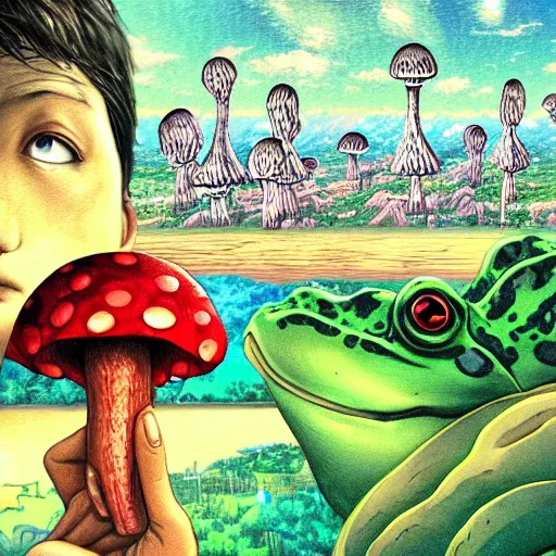 Image similar to A close up portrait of a dignified psychedelic godlike anthropomorphic frog smoking an anime blunt , magic mushroom village in background . award winning. superb resolution. in the art style of junji Ito and greg rutkowski . Detailed Mushroom city in background. Hyper realistic anime. Perfect art. Dalle2