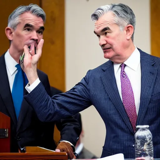 Image similar to a bear interrupting jerome powell during a speech to congress