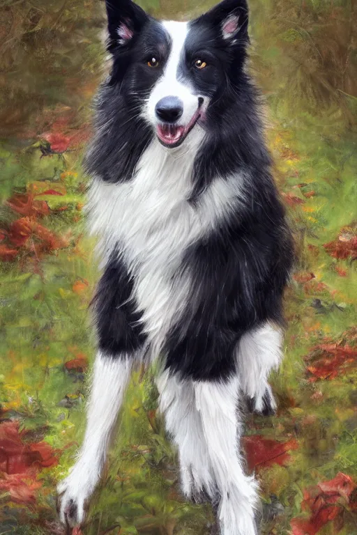 Image similar to portrait of a cute male anthropomorphic border collie fursona wearing a suit in a sunny glade. by henry asencio, jon foster, and ross tran. scenic background, highly detailed, concept art, furry, glamor pose, elegant, aesthetic, beautiful, trending on artstation, top rated on furaffinity and deviantart