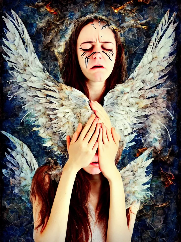 Image similar to a young adult angelgirl soft crying with lots of hands on her face and ratty feathered angel wings, stressed and burnt out, collage effect, collaged, torn paper, overexposure, overexposed, high exposure