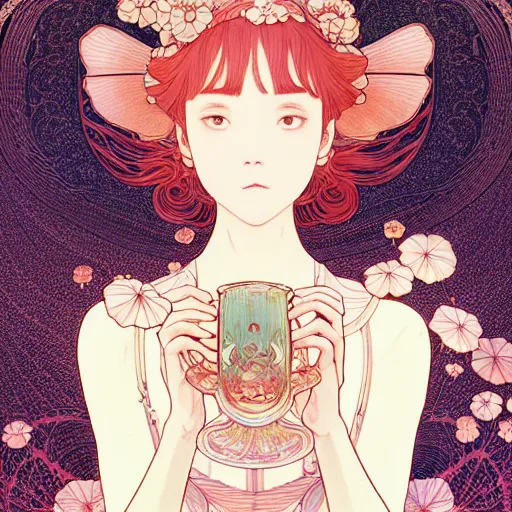 Image similar to a beautiful exquisite delicate hyperdetailed design 4 k wallpaper illustration of strawberry milk, victo ngai style, finely detailed perfect face delicate features directed gaze, style of studio ghibli, makoto shinkai, raphael lacoste, louis comfort tiffany, denoise, deblurring, artgerm, james jean, ross tran, alphonse maria mucha, chinese style