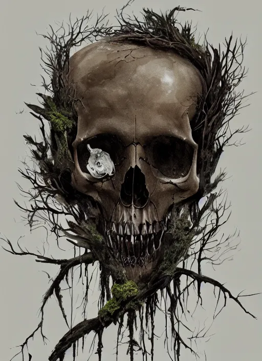 Prompt: portrait, bird skull, moss, driftwood, witches, watercolor, dramatic lighting, cinematic, establishing shot, extremely high detail, foto realistic, cinematic lighting, pen and ink, intricate line drawings, by Yoshitaka Amano, Ruan Jia, Kentaro Miura, Artgerm, post processed, concept art, artstation, matte painting, style by eddie mendoza, raphael lacoste, alex ross