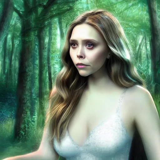 Image similar to Elizabeth Olsen as a nymph, mystical forest, digital art