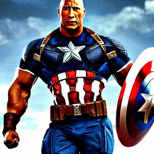 Prompt: dwayne johnson as captain america posing for a cover of a movie, realistic photo, highly detailed, precise, high definition