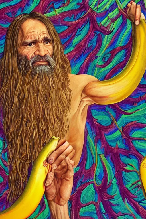 Image similar to alex grey painting depicting charles manson slipping on a banana peel