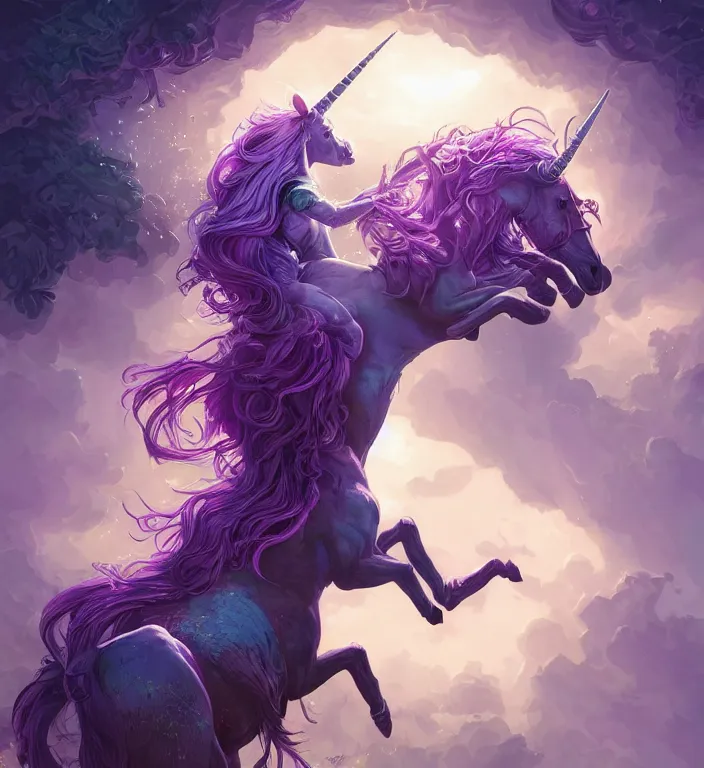 Image similar to a majestic unicorn with a human female body + purple hair and elf ears, backlit, strong rim light, highly detailed, digital painting, by Alvaro Castagnet + Peter Mohrbacher + Dan Mumford + vivid colors + high contrast, 8k resolution, intricate, photorealistic, smooth