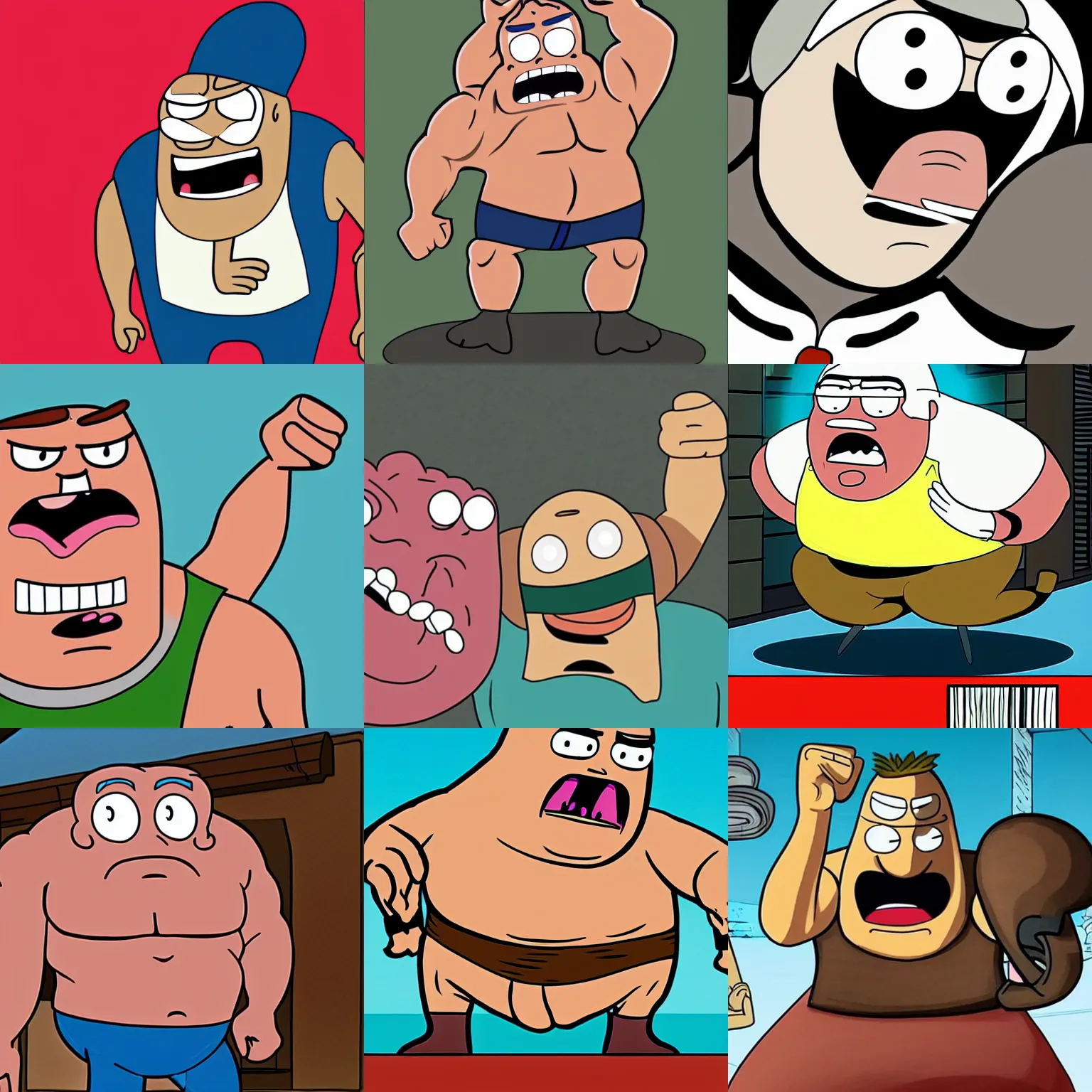 Prompt: Muscle Man from Regular Show (2010) with dementia, troll face