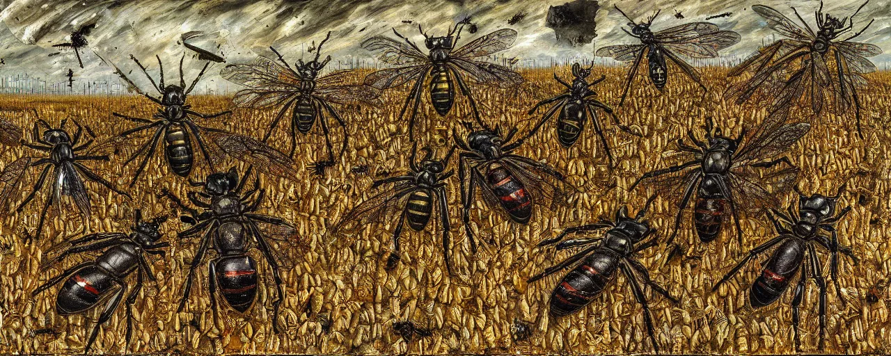 Image similar to strange giant insects, beetles, spiders, wasps, bees, maggots, locusts and flies, swarming in a cornfield, oil painting by max ernst and anselm kiefer, decay, mixed media, textured, sharp focus, highly detailed, photographic emulsion cracked and peeling, rust, cinematic lighting, 8 k, hd