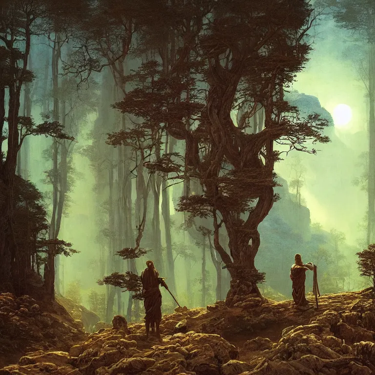 Image similar to a detailed landscape painting inspired by moebius and beksinski of a great forest with path and man with a cape over his head following the path. fantasy poster. cinematic fantasy scene. aurora lighting. fantasy. carl spitzweg. baroque elements. baroque element. intricate artwork by caravaggio. oil painting. award winning. dramatic. trending on artstation. 8 k