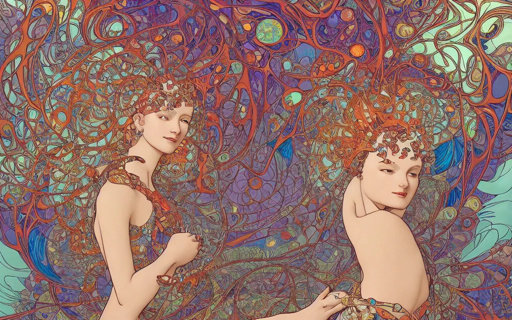 Image similar to pattern, oscillation, fractal gems, fractal crystals. by jean giraud and by james jean and mucha