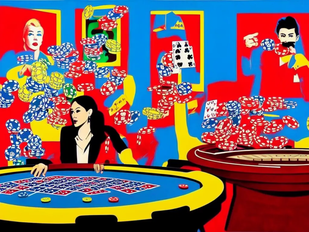 Image similar to hyper - realistic composition of a room in a casino with an extremely detailed poker table, croupier standing nearby fireworks in the background, pop art style, jackie tsai style, andy warhol style, acrylic on canvas