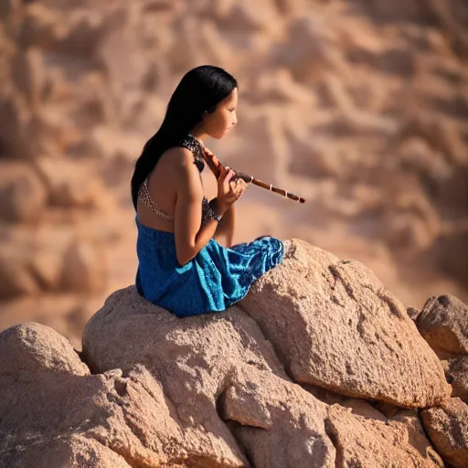 Image similar to a female playing flute whilst sitting on a rock in the desert. cinematic 8 k, depth of field, bokeh.