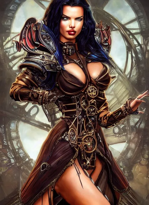 Prompt: front portrait of attractive Adriana Lima as Lady Mechanika with both hands hidden behind her back, Intrincate background with steampunk imagery , D&D!, fantasy style, sharp focus!, ultra detailed, art by Artgerm and Peter Andrew Jones, WLUP